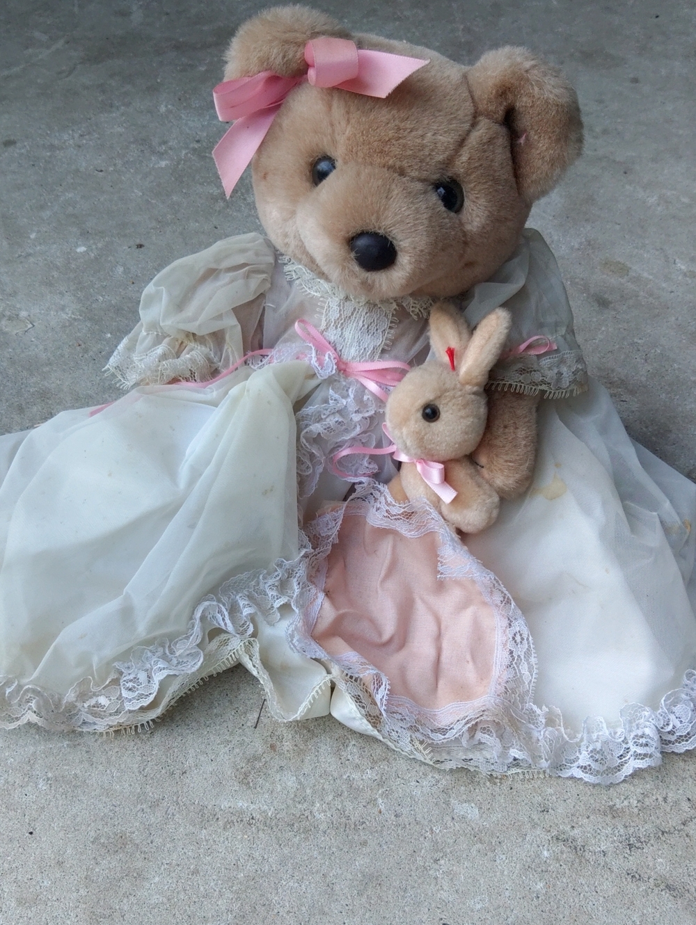Bearly People Plush Beige Teddy Bear with Pink Dress and Bunny Accessory